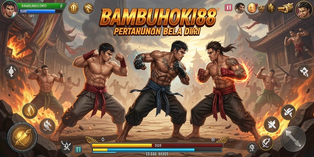 Screenshot menunjukkan karakter dalam pertarungan mendebarkan di BAMBUHOKI88.