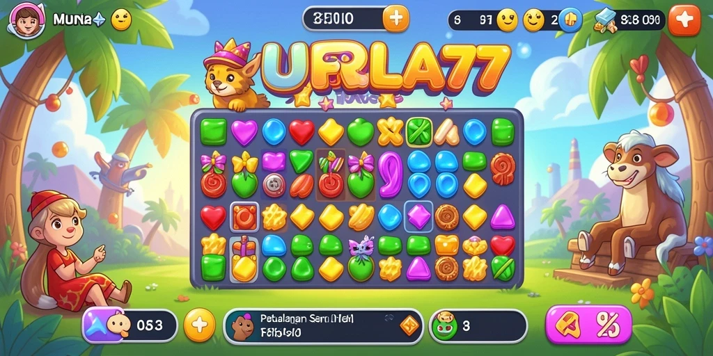 Screenshot gameplay FURLA77 menunjukkan kombinasi cerah dari elemen-elemen Match-3.