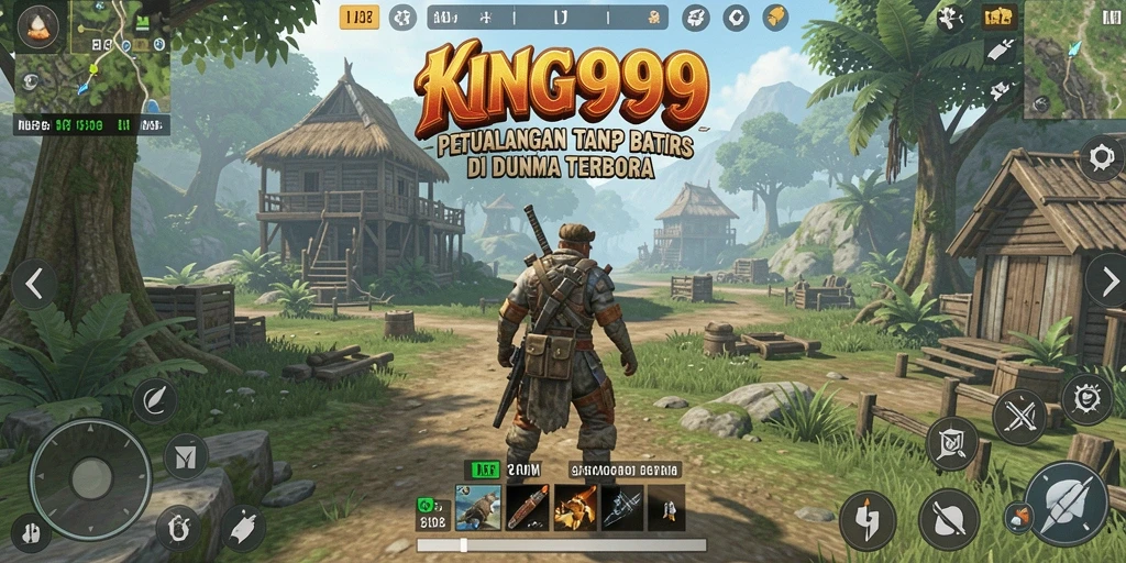 Screenshot gameplay KING999, menunjukkan eksplorasi dunia yang luas.