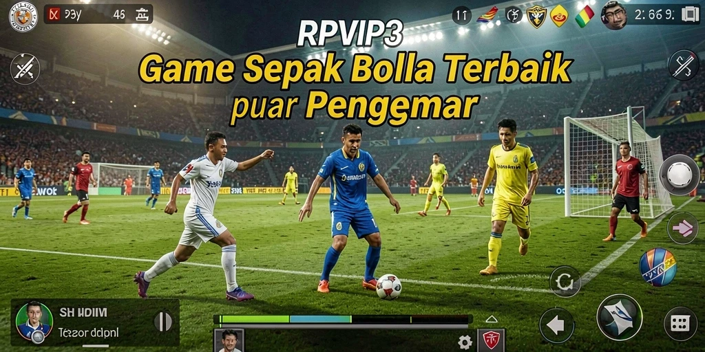 Screenshot gameplay RPVIP3 menunjukkan aksi sepak bola seru dan intens.