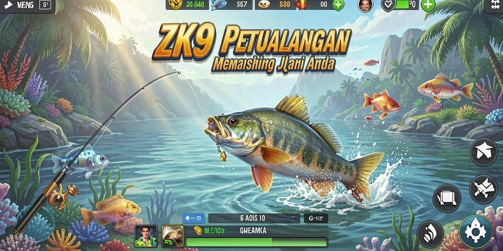 Screenshot ZK9 yang menampilkan aksi seru di permainan memancing.